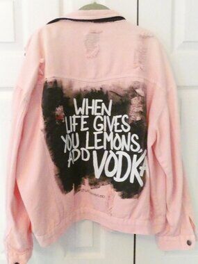 WREN+GLORY Distressed Denim Jacket, When Life Gives You Lemons Add Vodka" in